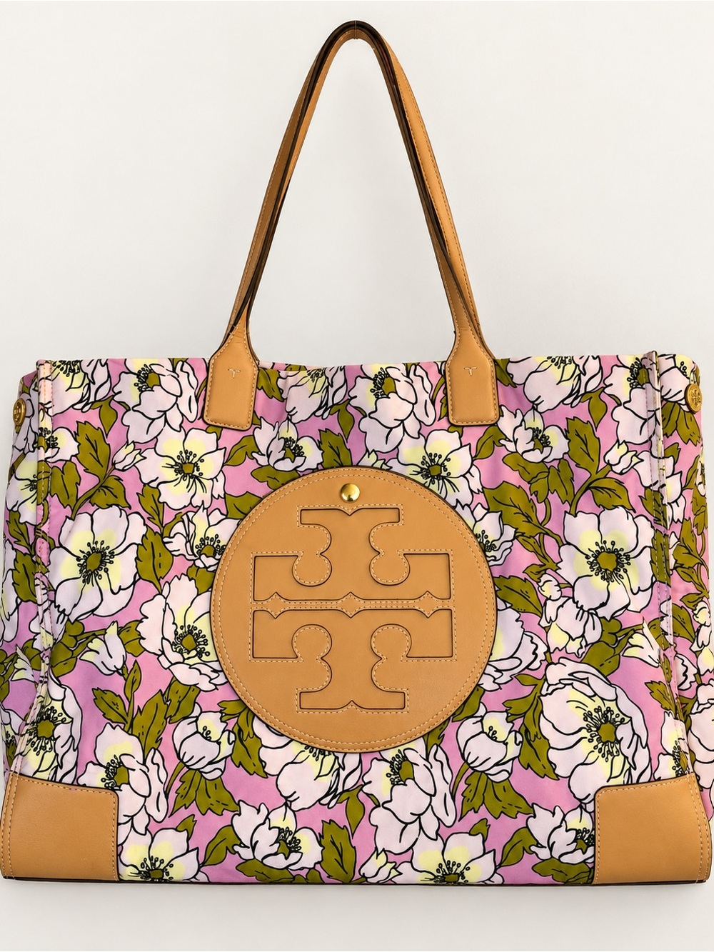 Tory Burch Pink Floral Canvas Tote with Tan Leather Accents
